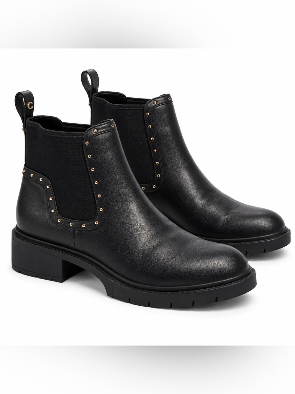 Coach Black Gold Studded Chelsea Ankle Boots Size 7.5 Lug Sole